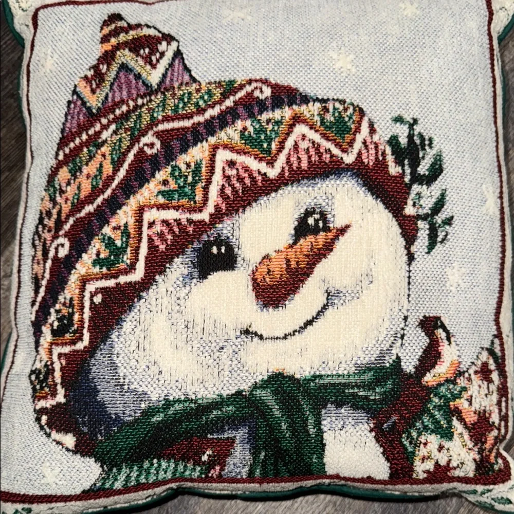 Festive Snowman Pillow with Colorful Knit Design